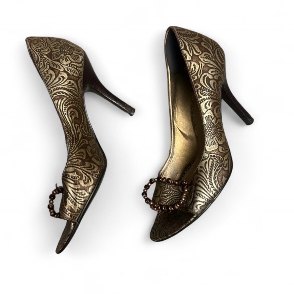 Carlos by Carlos Santana Bronze Metallic Embossed Peep-Toe Heels - Picture 3 of 6